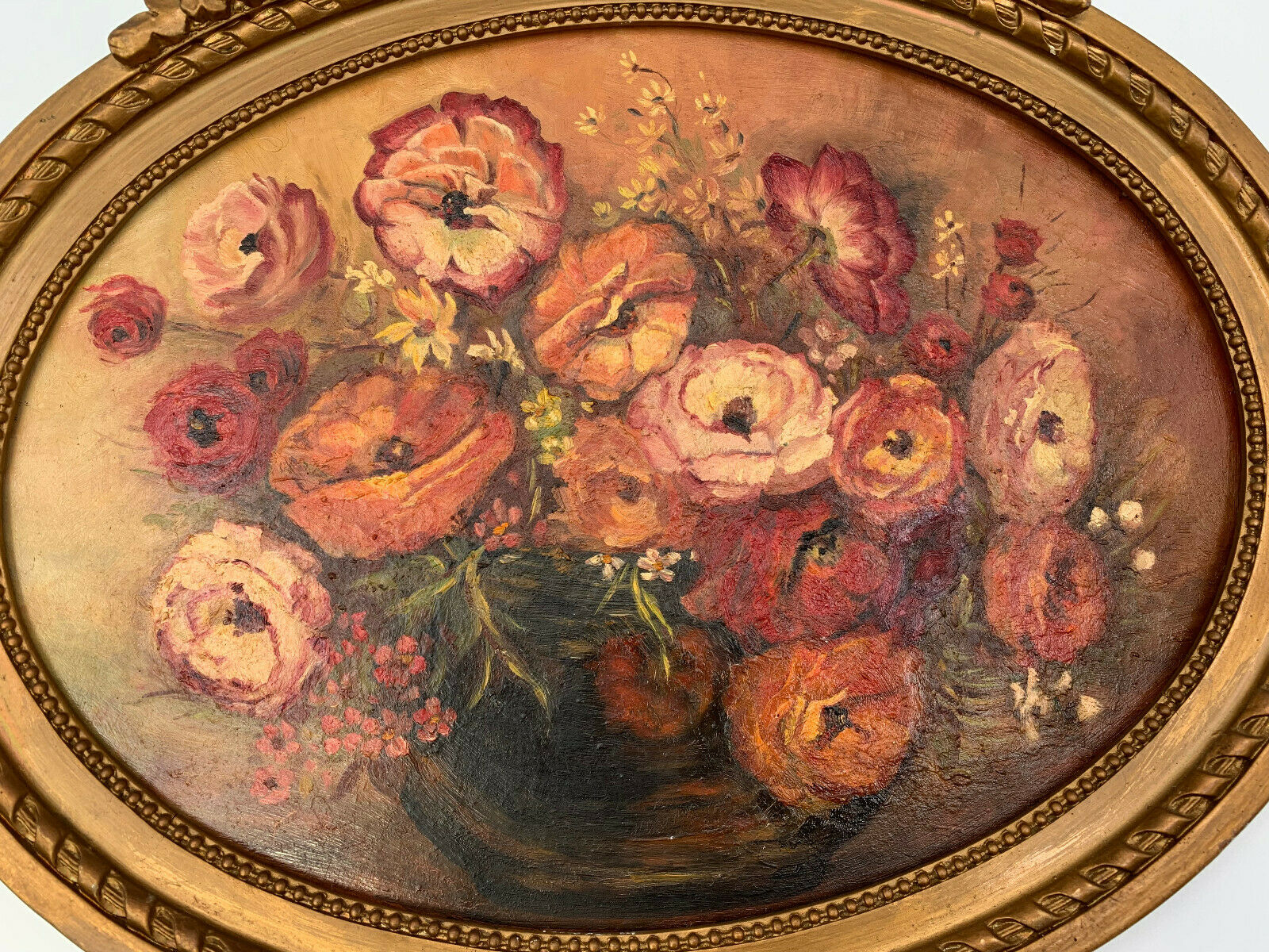 Huile sur panneau bouquet de fleurs 1930 nature morte cadre stuc