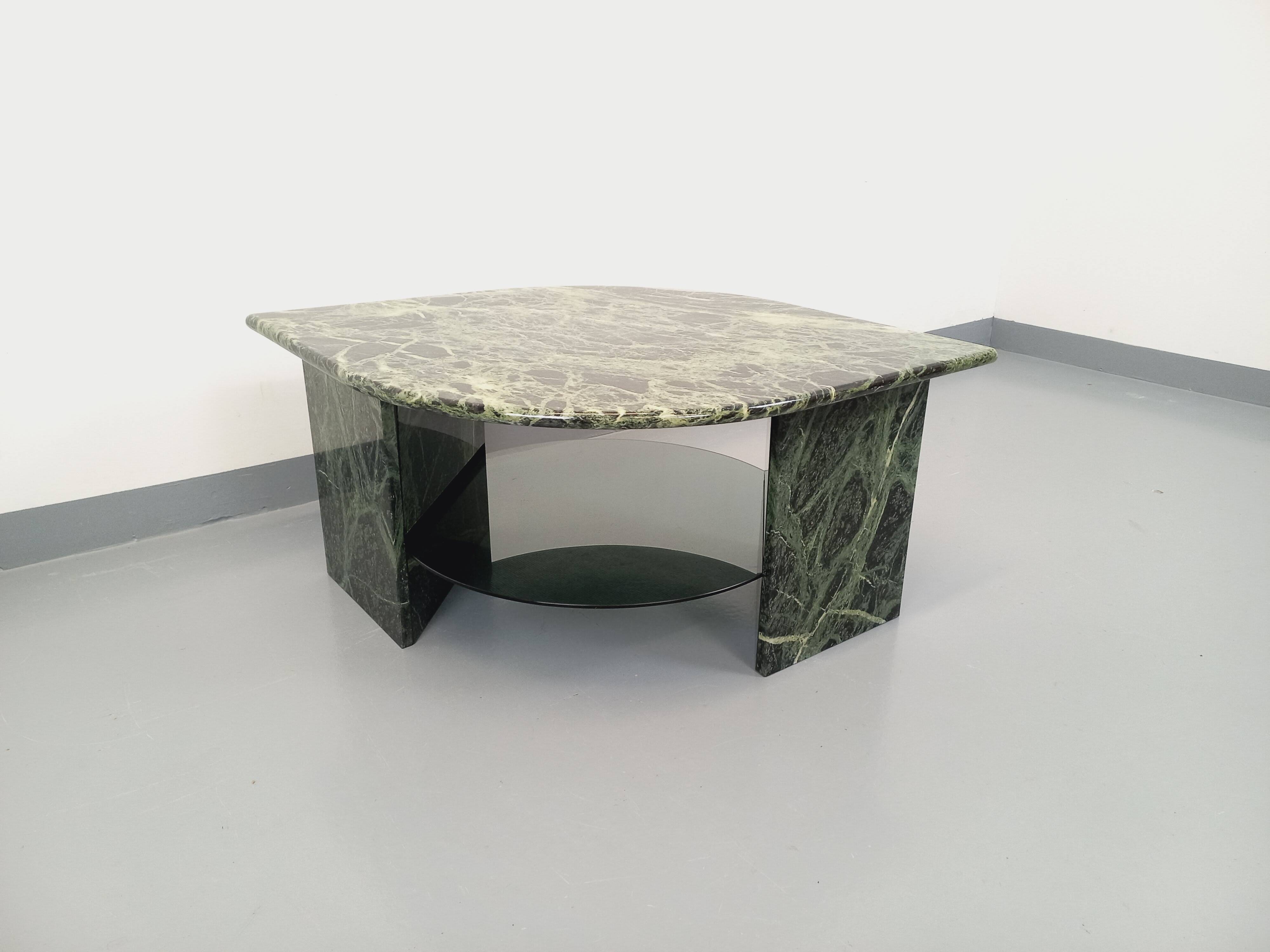 Vintage square coffee table with 2 green marble and smoked glass tops