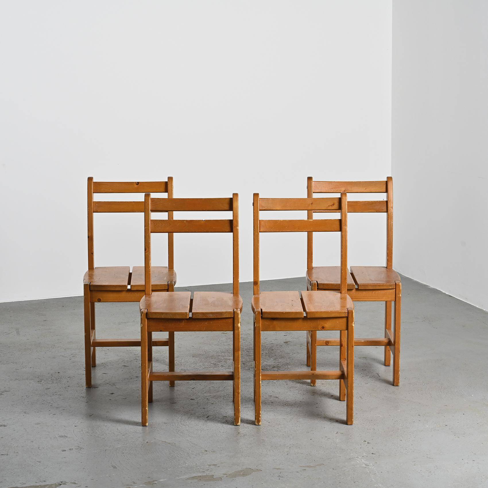 Set of 4 solid pine chairs, France circa 1970
