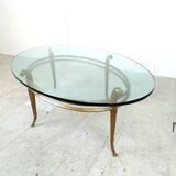 Vintage golden metal and oval glass coffee table, 1970s
