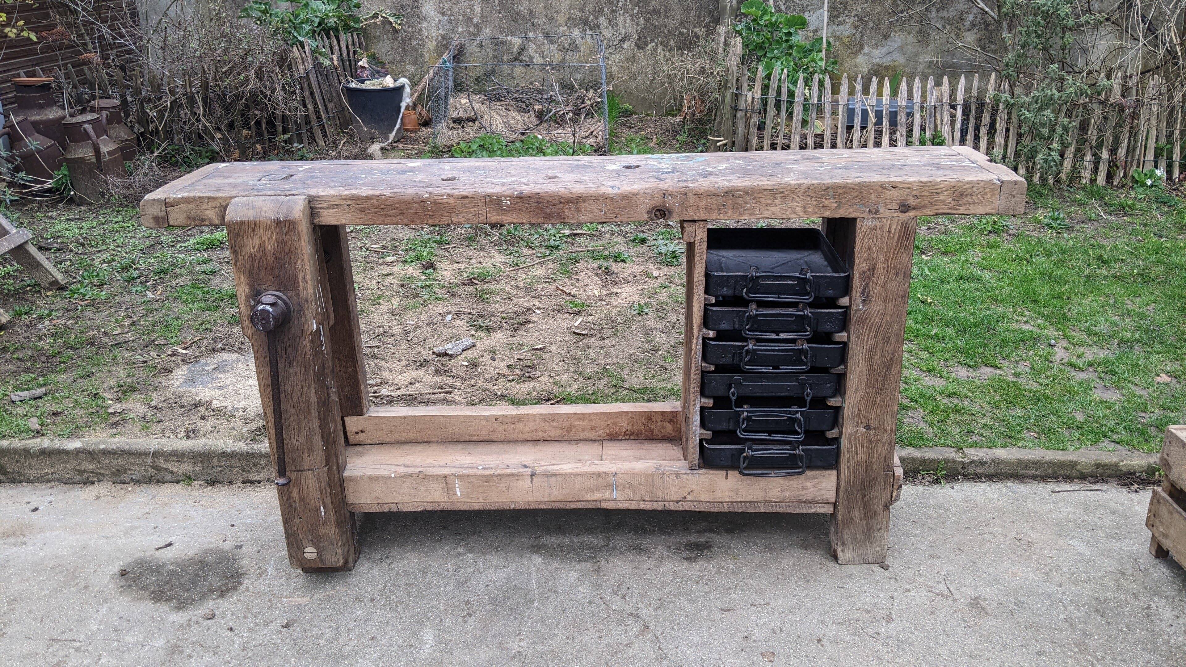 Old solid oak carpenter's workbench