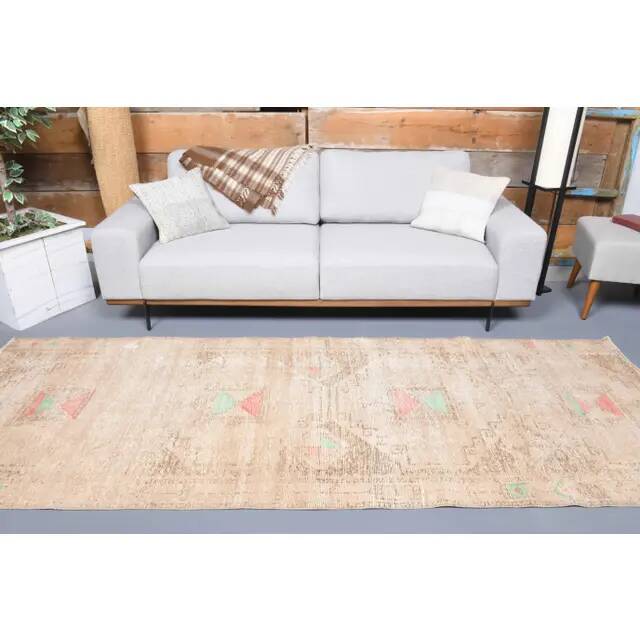 Vintage Turkish Hand-Knotted Wool Cotton Beige Runner Rug 111x305