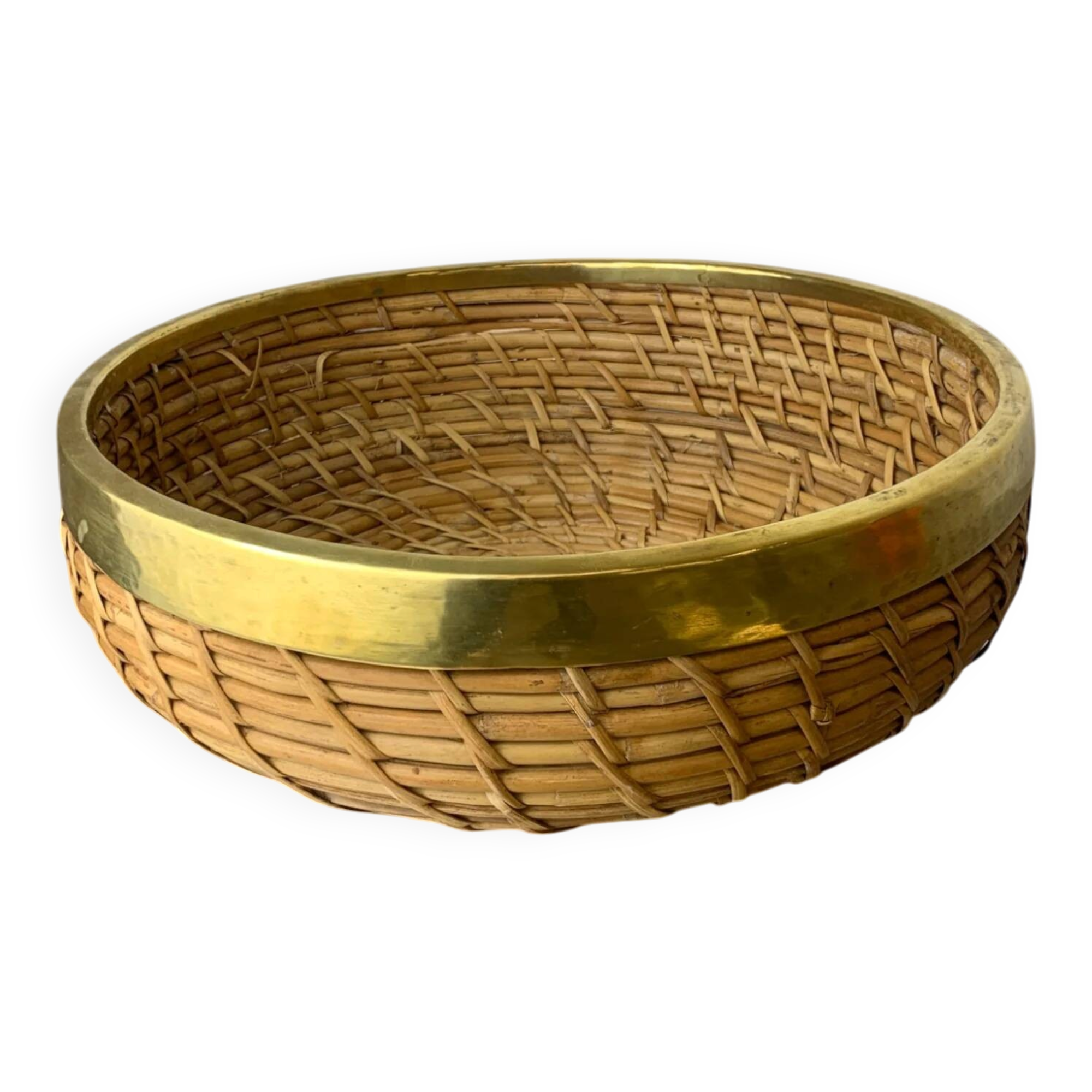 Circular rattan and brass basket, Italy, 1970s, 35 cm diameter