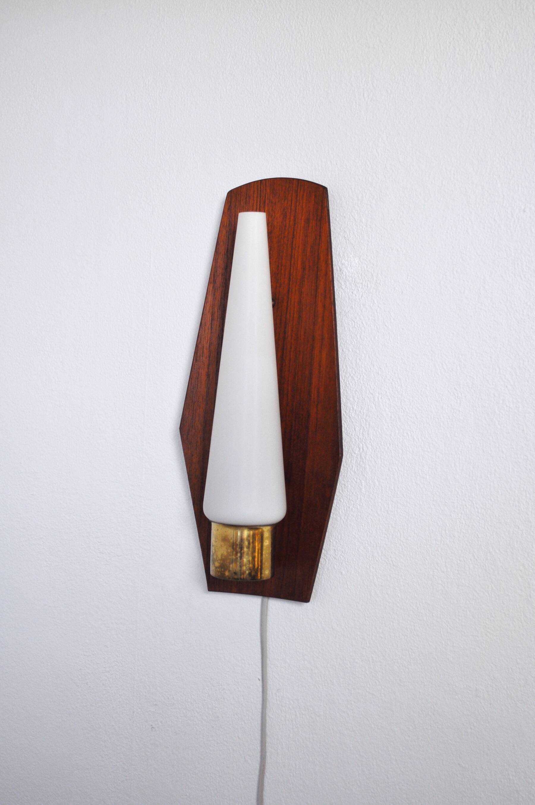 Scandinavian modern danish wall light in teak, brass and opaline glass, 1960s