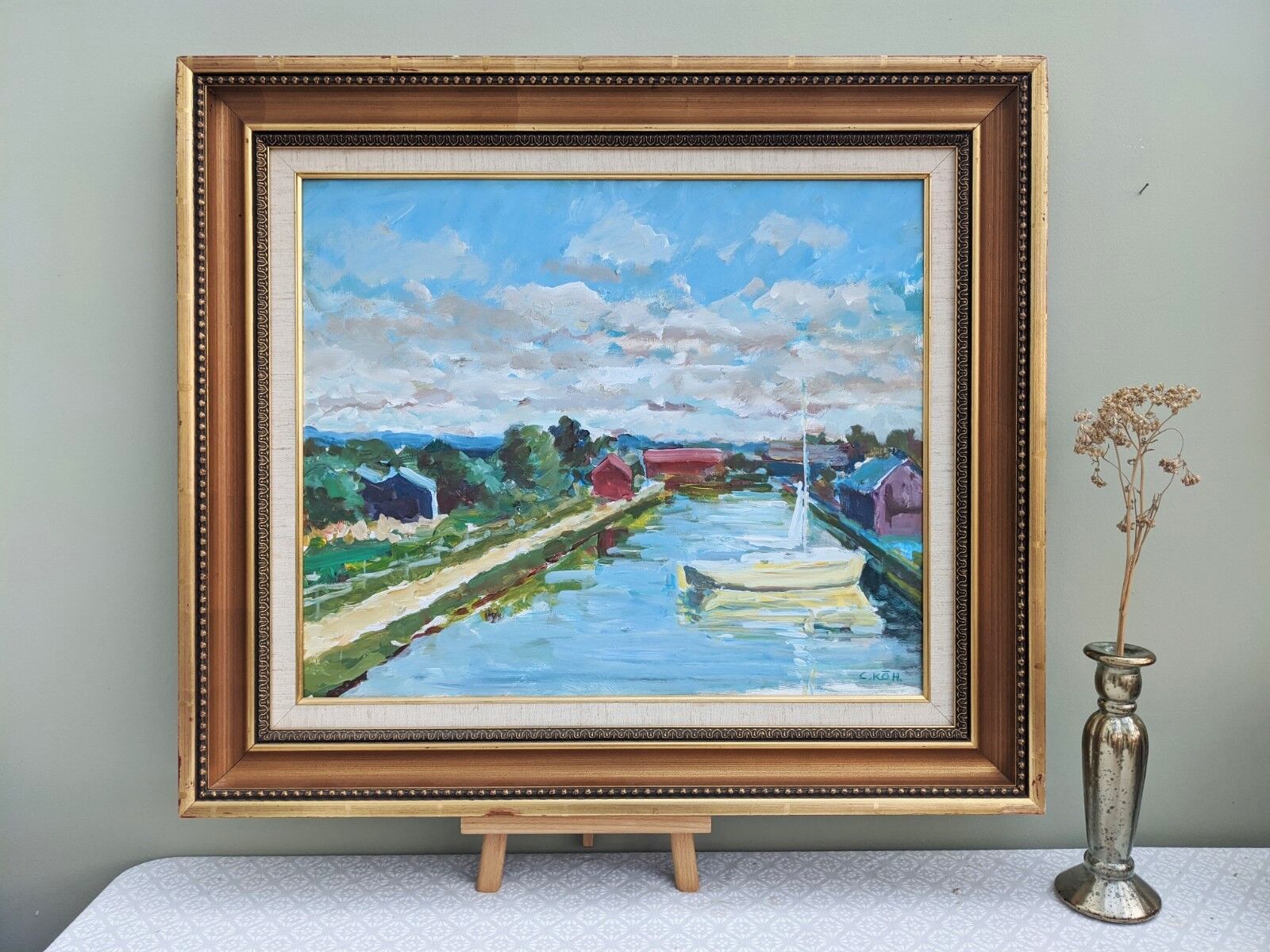 Vintage Mid Century Swedish Framed Oil  Painting - The Canal