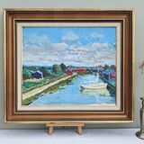 Vintage Mid Century Swedish Framed Oil  Painting - The Canal