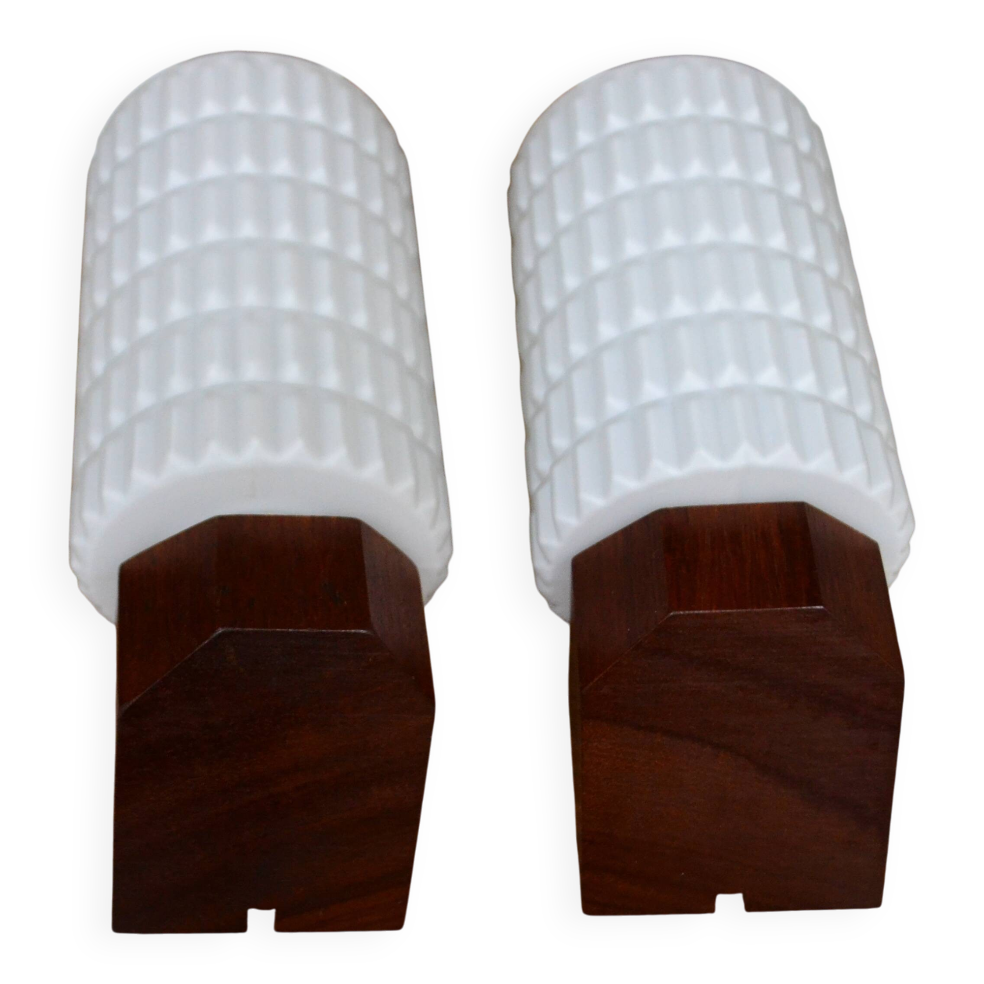 Pair of Scandinavian wall lights in teak and opaline by Philips from the 1960s.