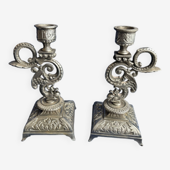 Pair of Napoleon III period candlesticks in silvered bronze