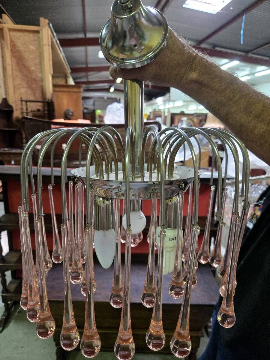 Paolo Venini: Cascade chandelier with pink Murano glass drops.
