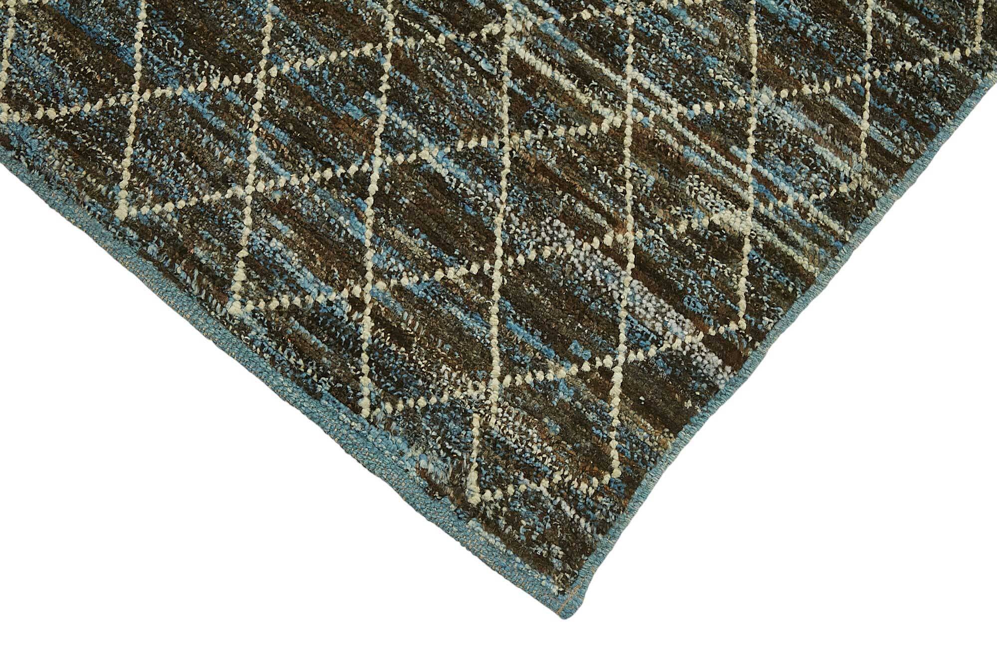 Hand-Knotted Turkish Contemporary 79 cm x 269 cm Blue Wool Runner Carpet