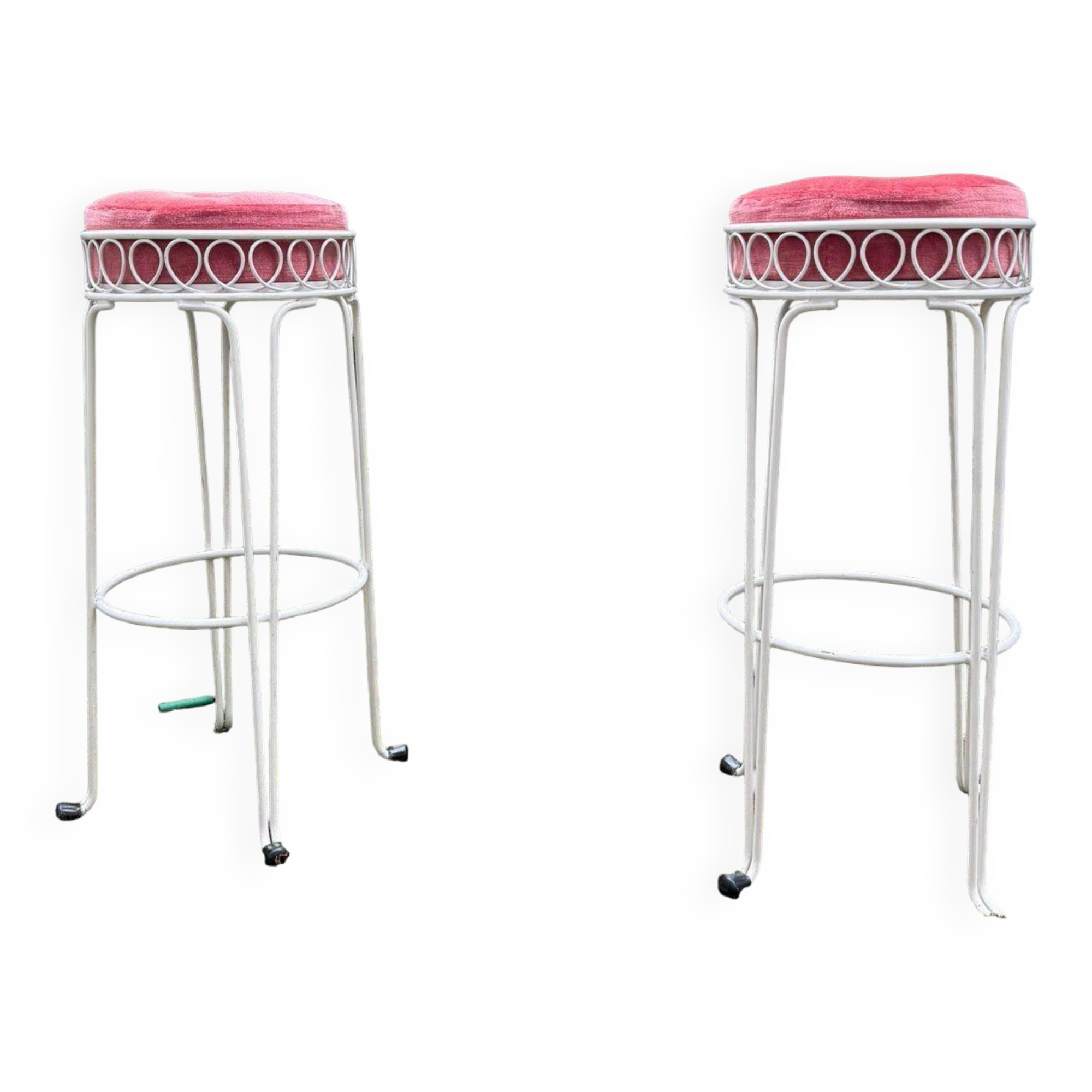 Vintage Bar Stool Pair – White Metal & Pink Velvet – 60/70
