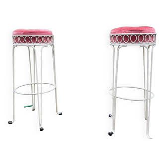 Vintage Bar Stool Pair – White Metal & Pink Velvet – 60/70