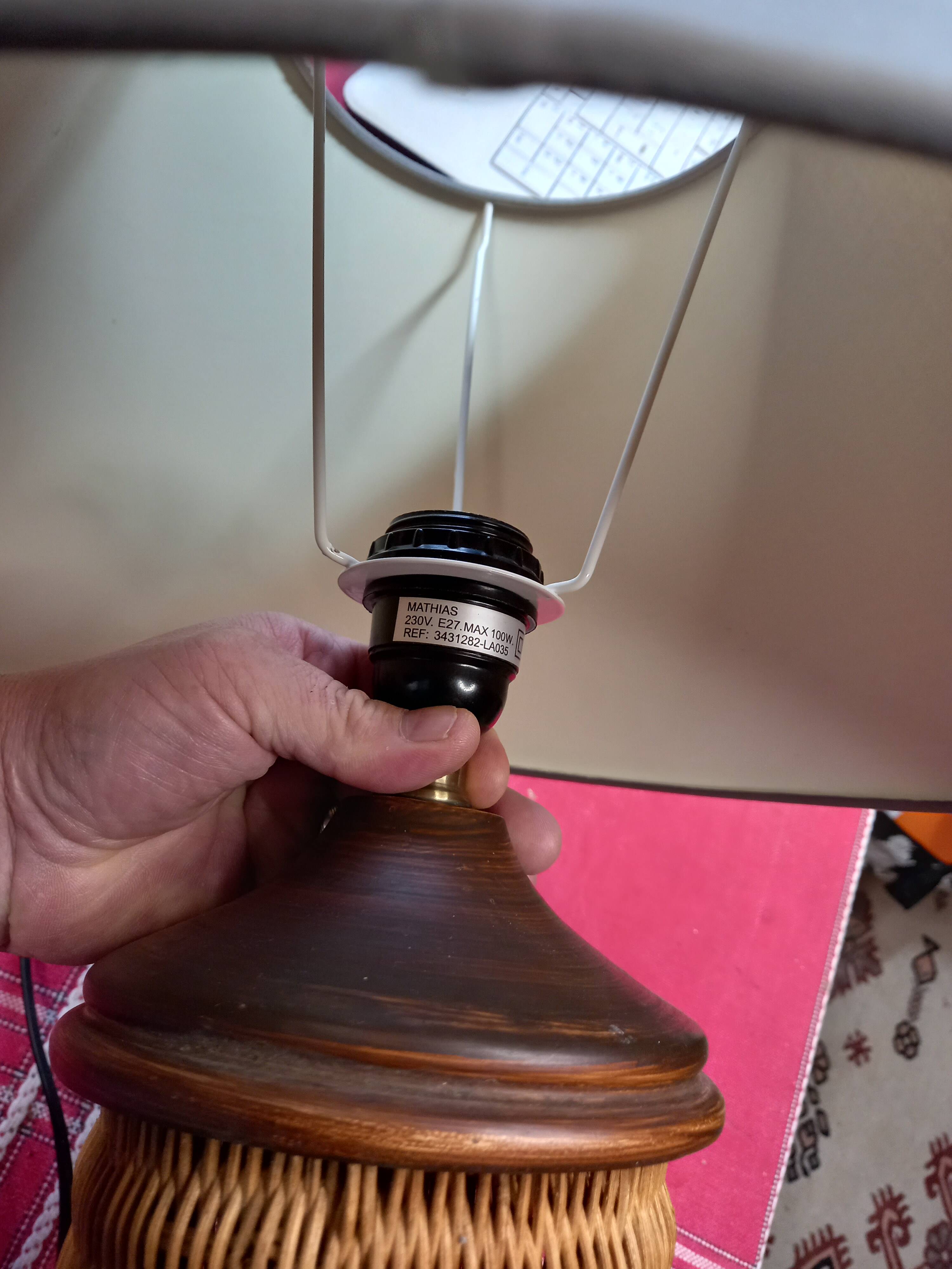 Pretty wicker and wood lamp with gray shade