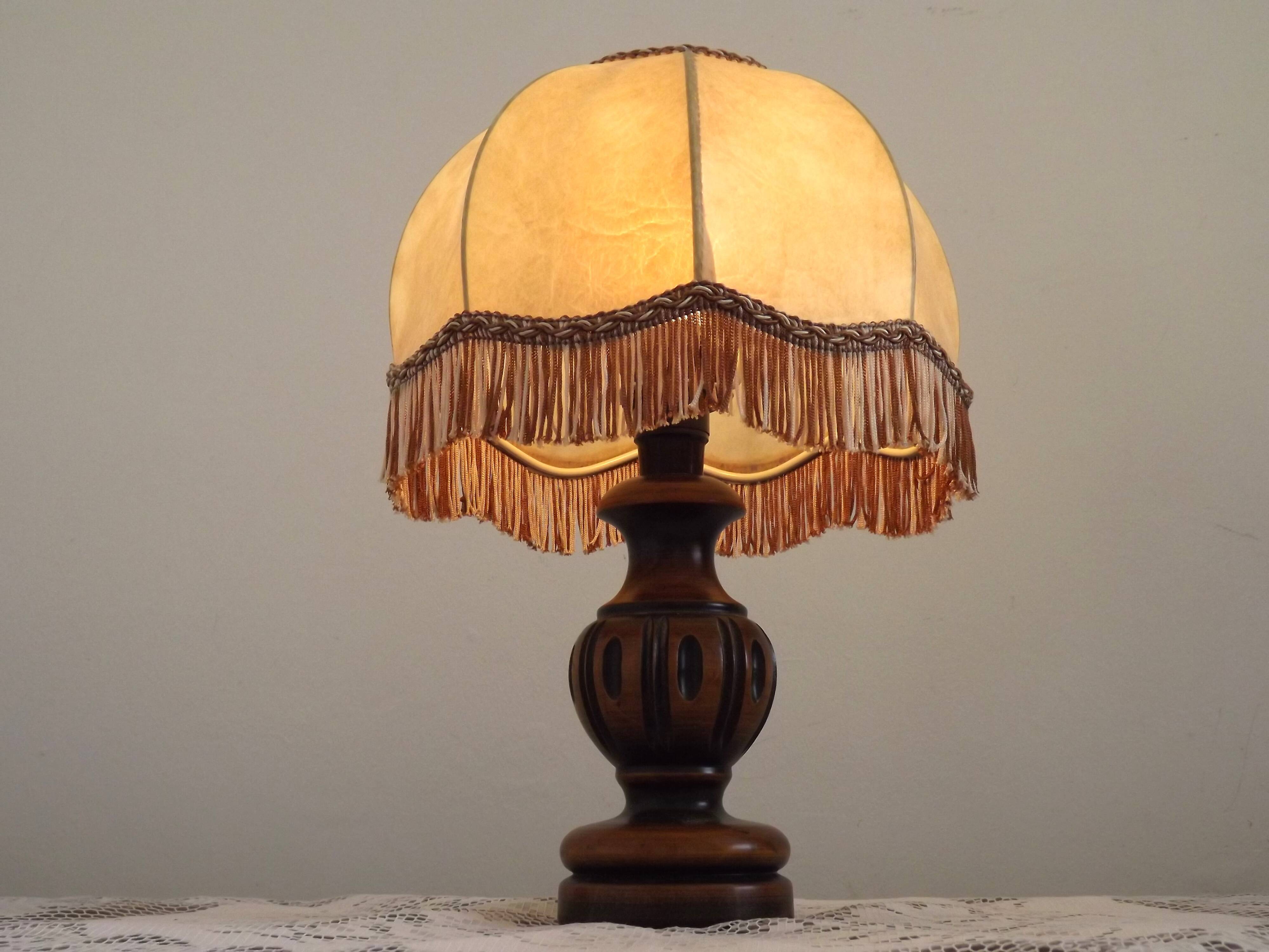 French Mid Century Round Turned Wood Grooved Table Lamp Hide Skin Shade