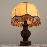 French Mid Century Round Turned Wood Grooved Table Lamp Hide Skin Shade