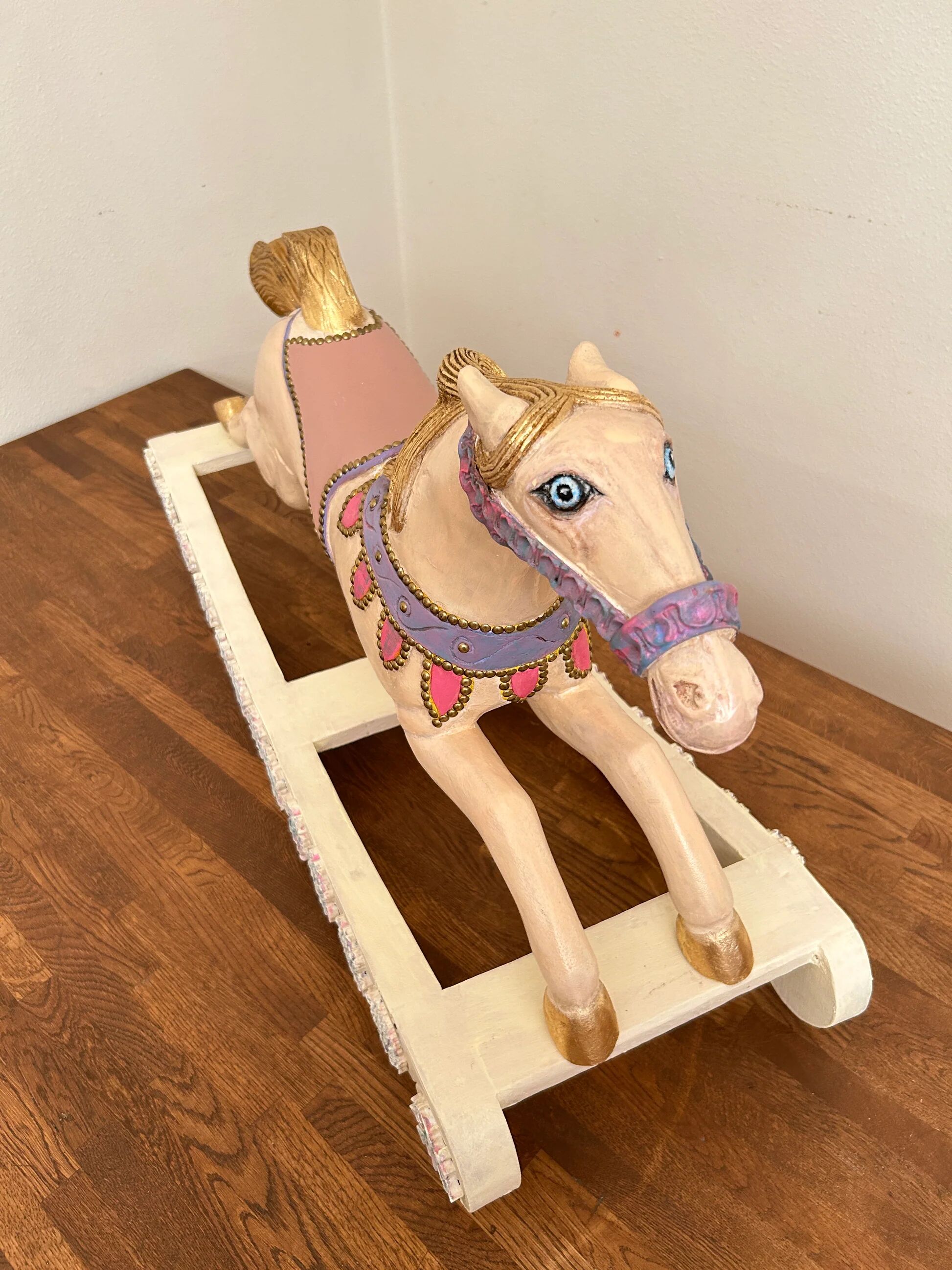 Hand-painted antique rocking horse – pastel nursery decor, heirloom toy