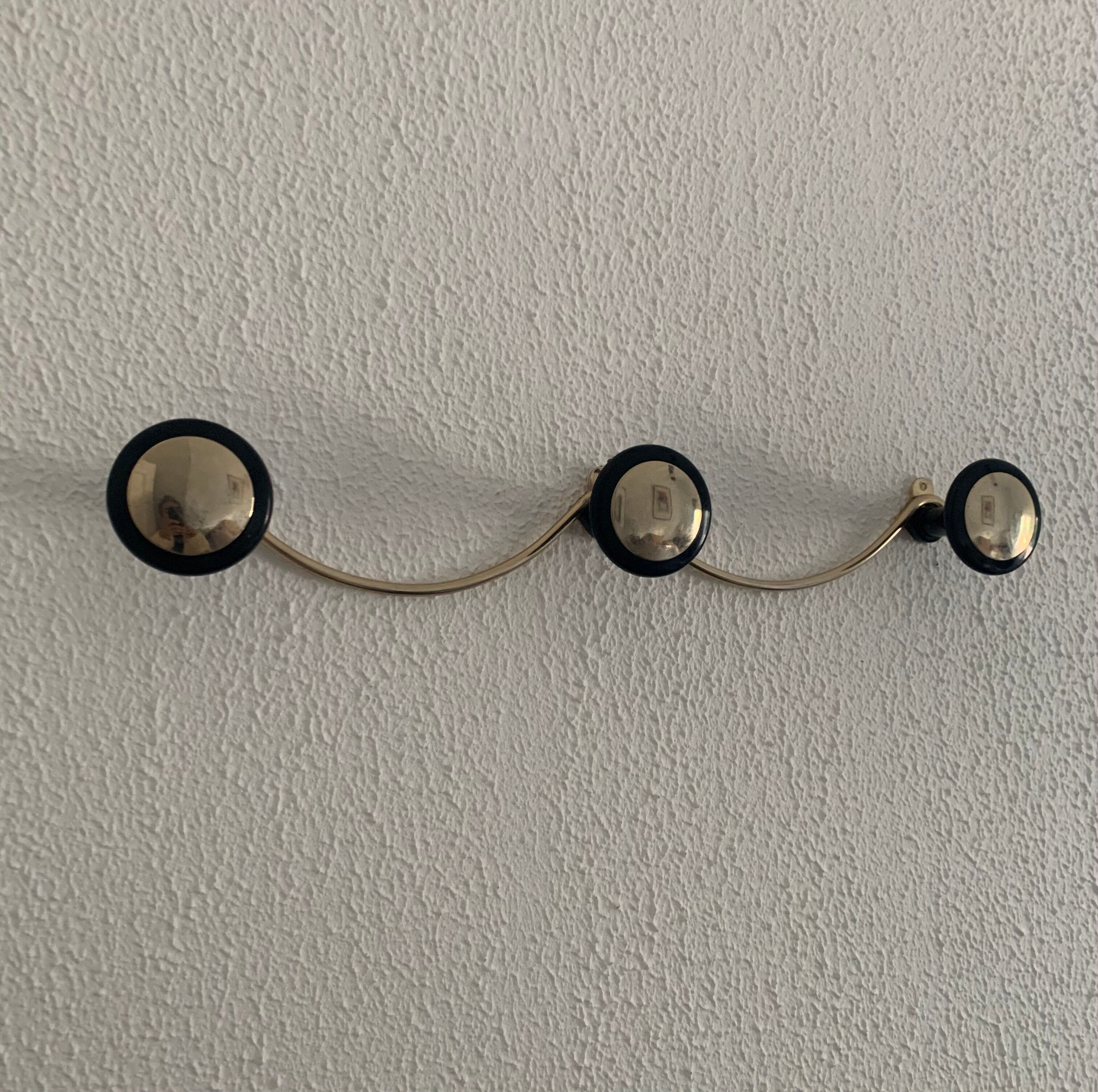 Portemanteau vintage doré noir 3 patères, 1960