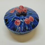 Sarreguemines jam bowl covered sugar in slip majolica cherries