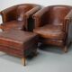 Vintage Dutch cognac coloured leather club chair, set of 2 with footstool