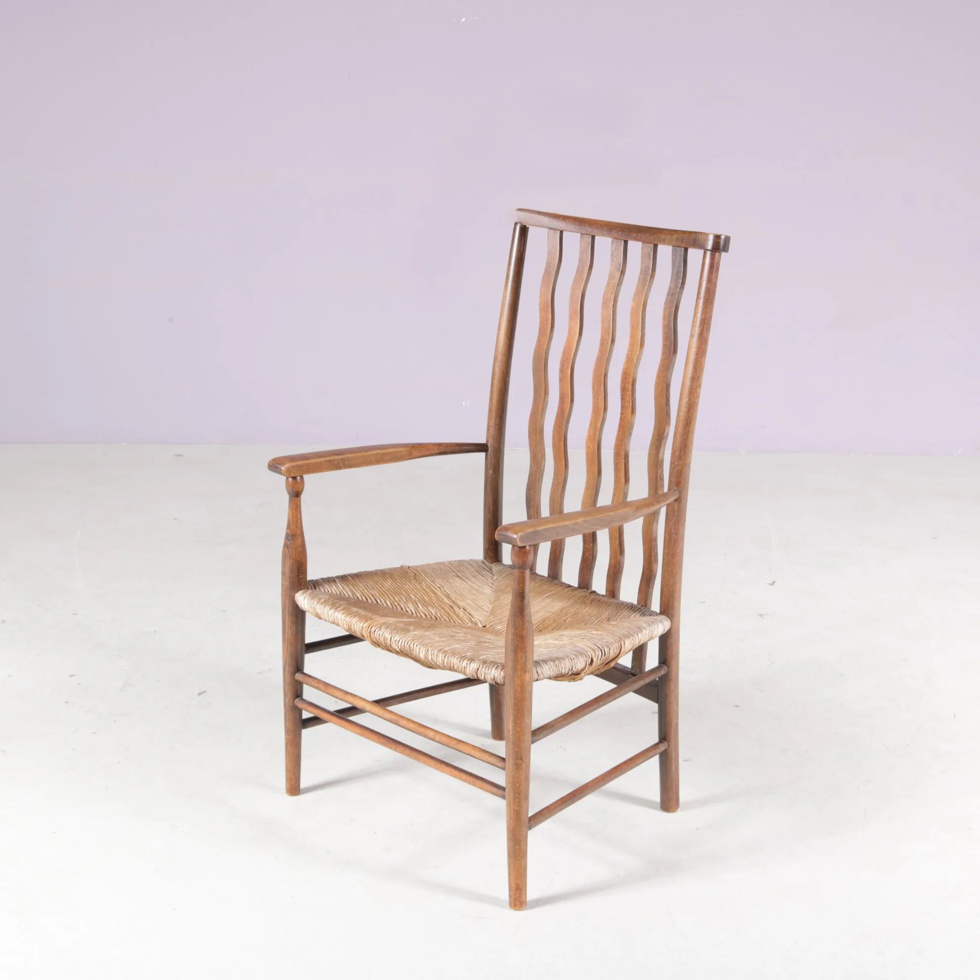 1930s small low spindle-back hearth chair / side chair with wicker seat, Arts & Craft Movement, Morris & Co for Liberty and Co, Stowaway London