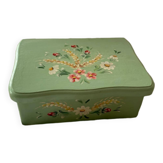 Boîte en bois peinte vert clair et décor de fleurs