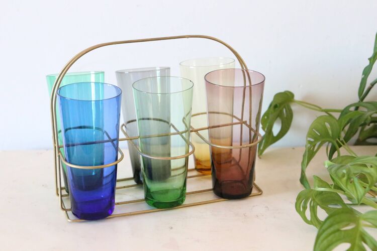 Support à verre en métal et ses 6 verres, vintage, authentique, années 60