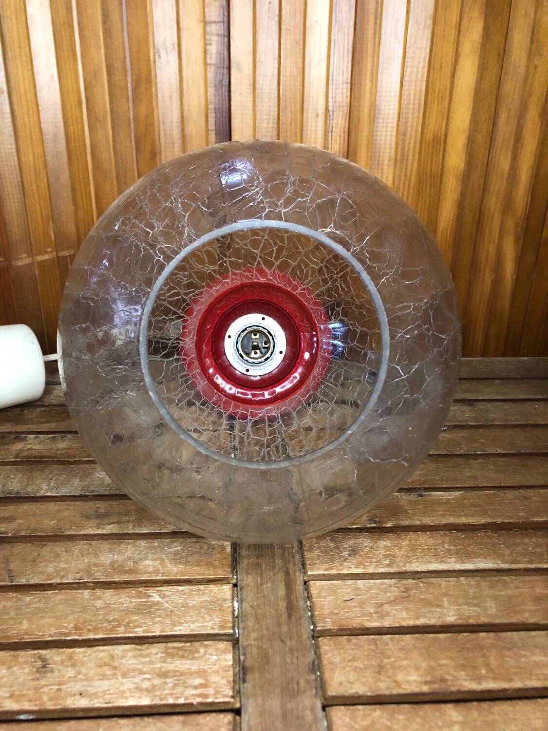 Old transparent & red cracked glass pendant lamp 1970s vintage #a548