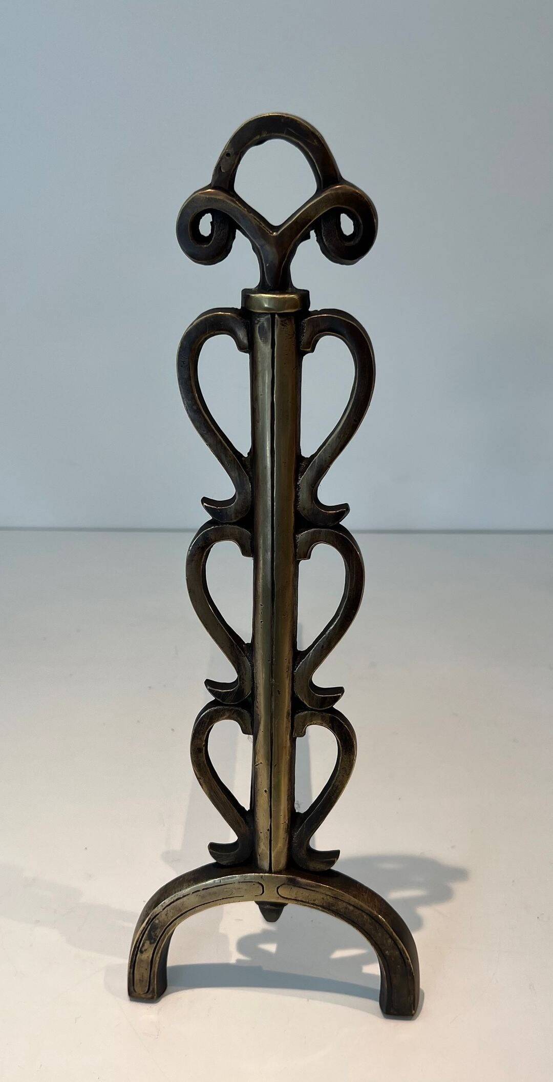 Pair of Brass and Wrought Iron Chenets with Scroll Columns and Arched Bases