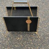 Vintage magazine rack in black leather and gold metal