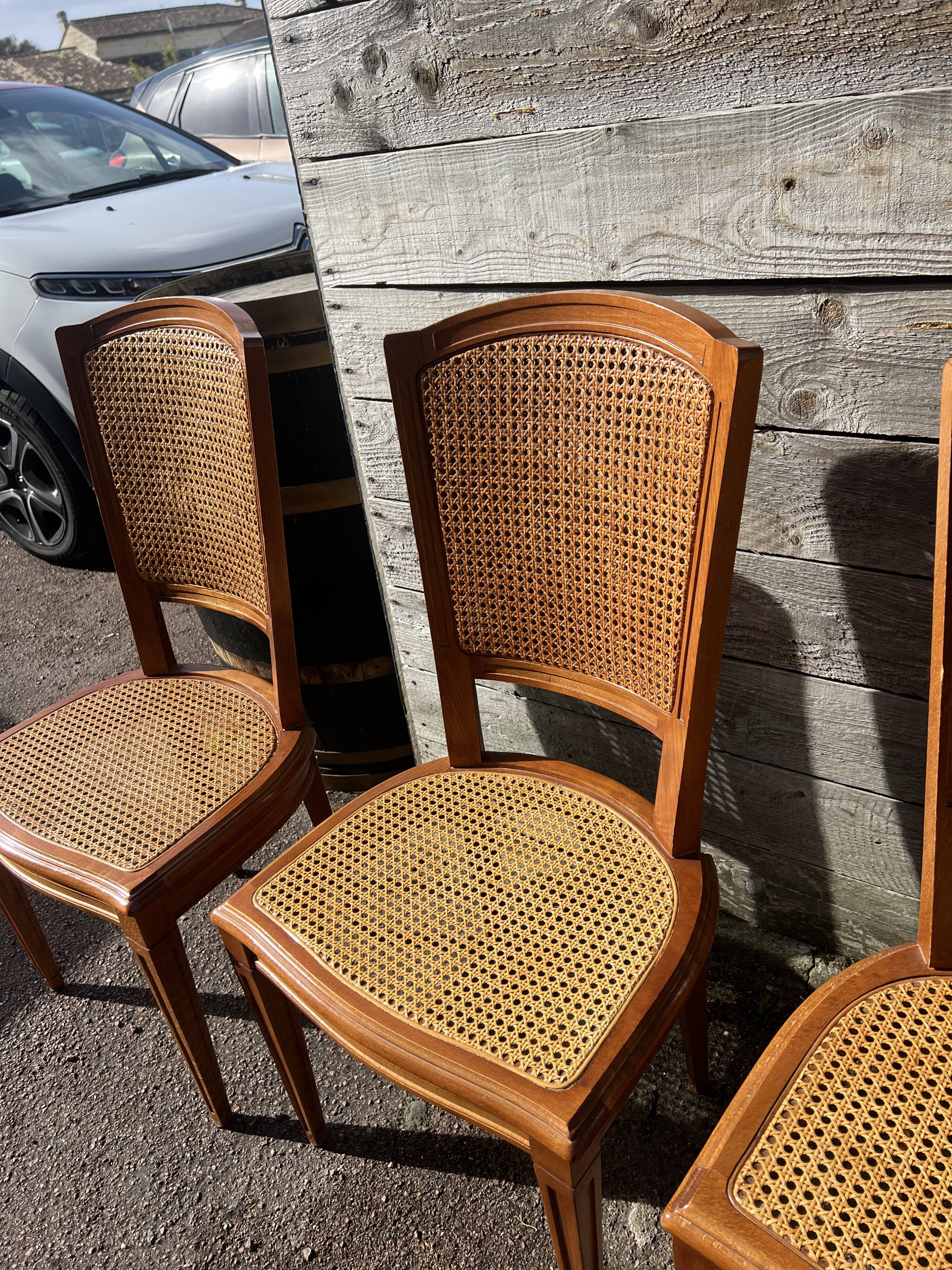Six Art Deco chairs, 1960s, beech and cane