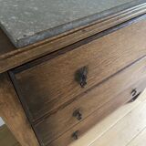 Vintage wooden chest of drawers with three drawers and brown marble top