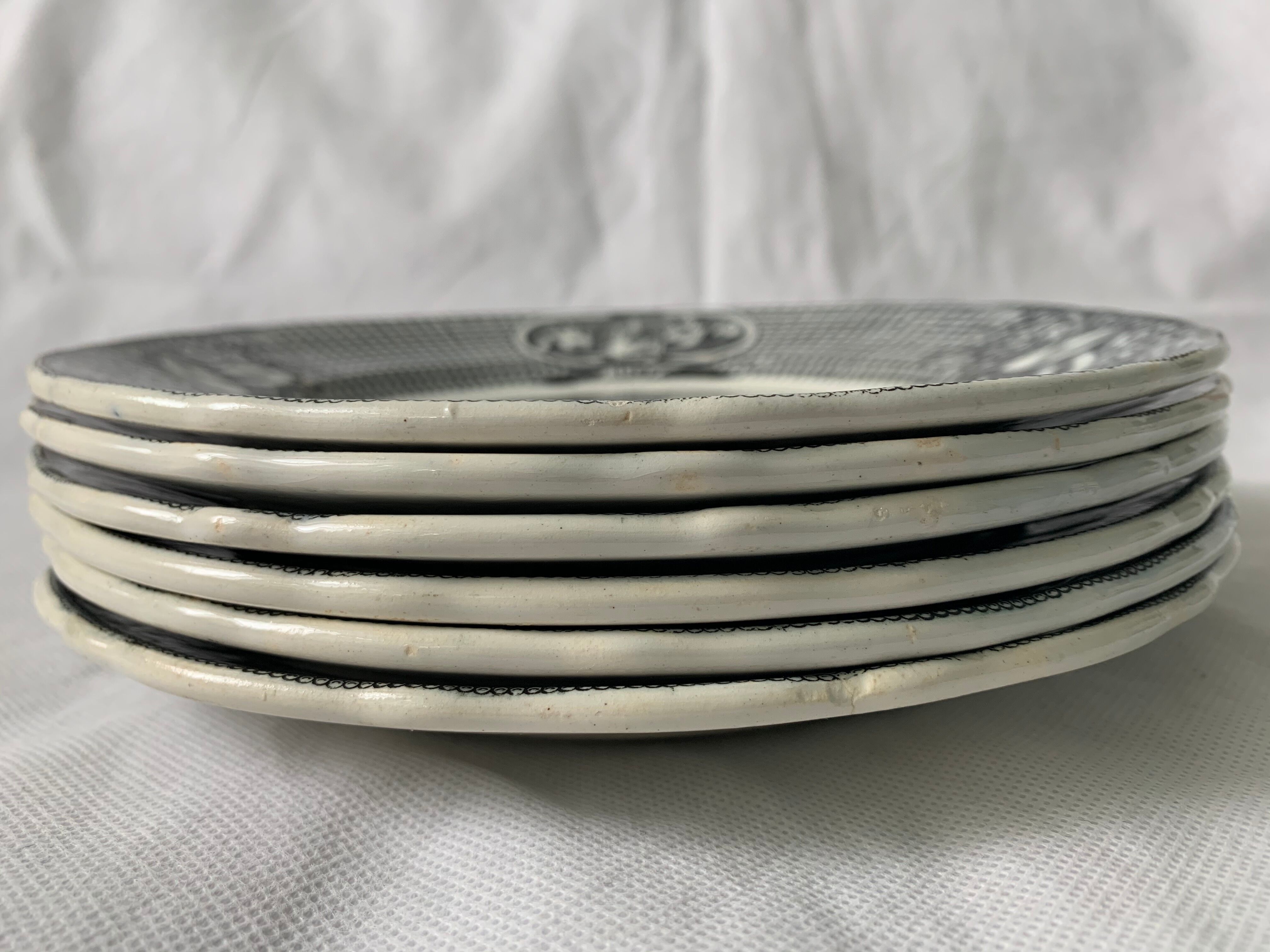 6 black dessert plates Old and Johnston Bordeaux 19th century astrology