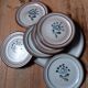 8 dessert plates + brown/blue stoneware tart dish, Fanchon model by MBFA Pornic, 1970s