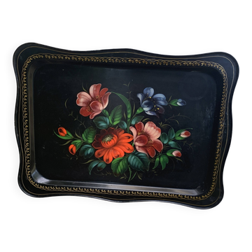 Black rectangular platter with hand-painted flowers, vintage and bohemian.