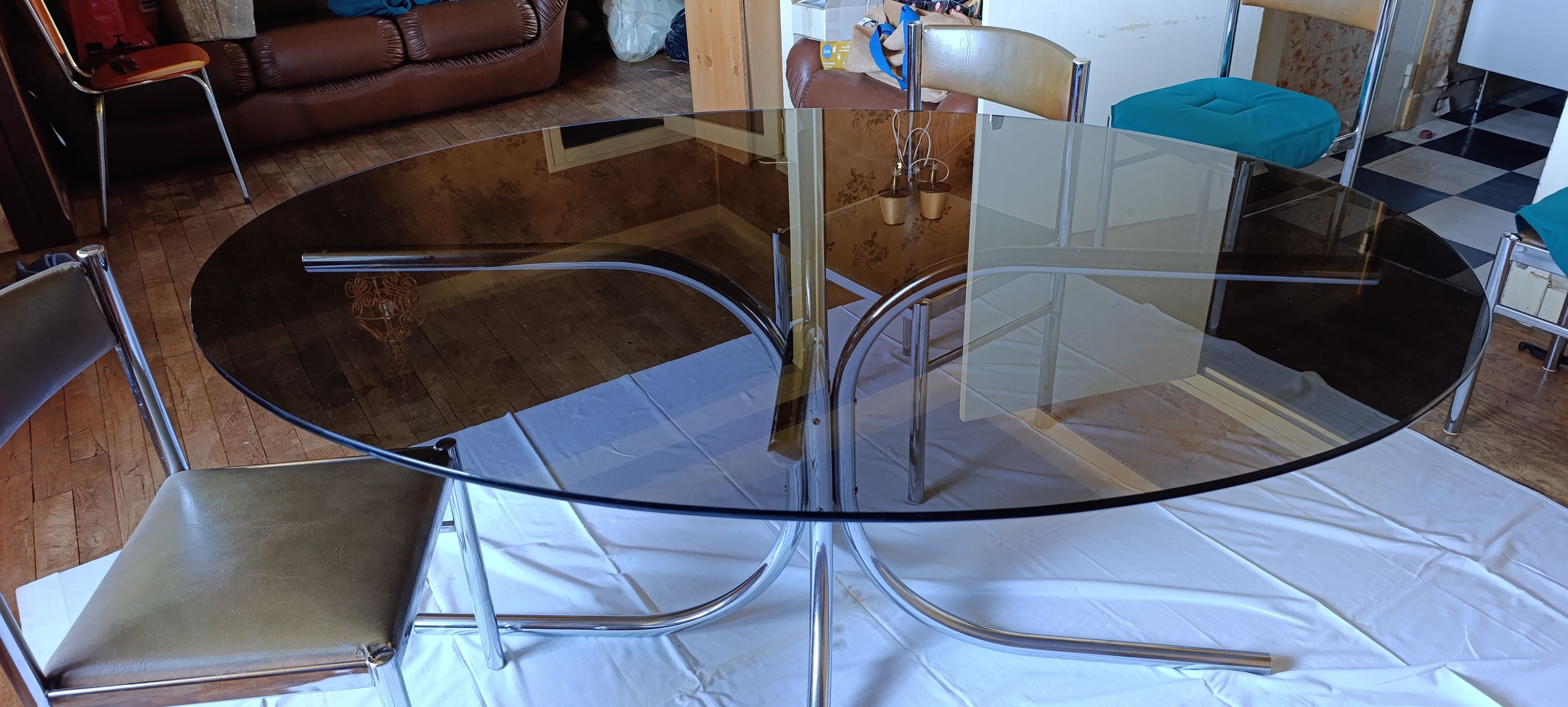 Vintage smoked glass Space Age dining table