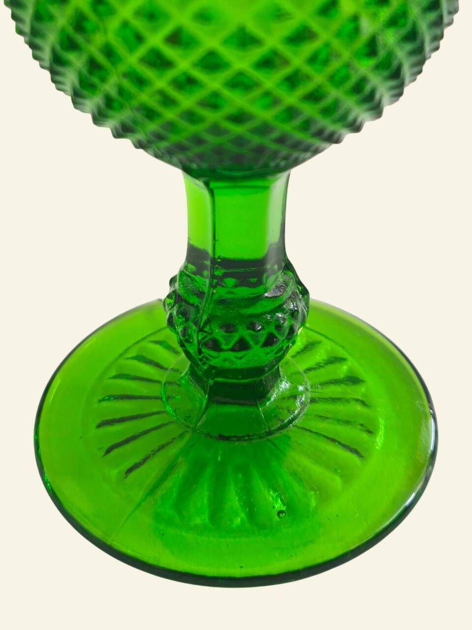 Six green glass wine glasses, Marinha Grande (IVIMA), diamond point.