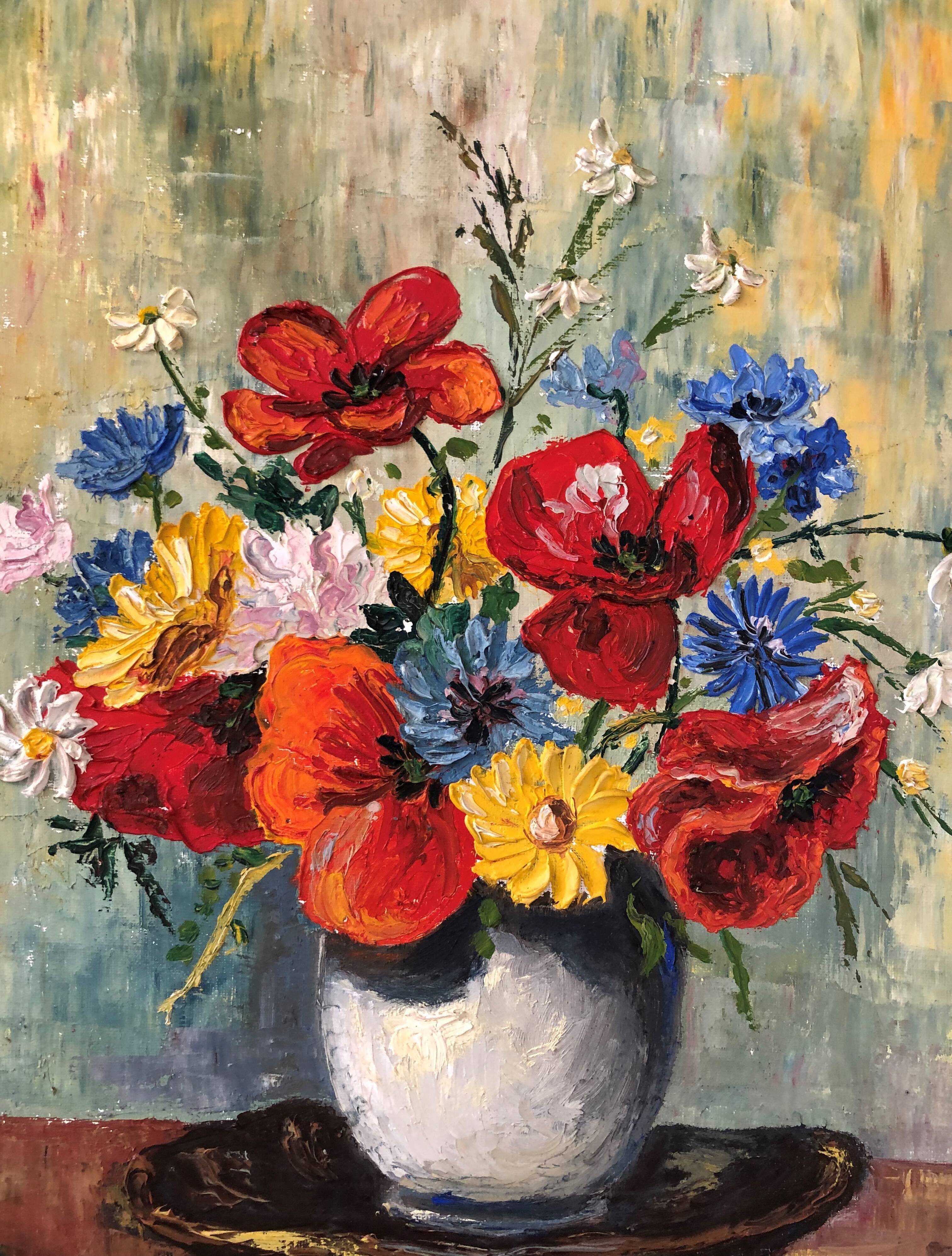Oil on canvas still life with bouquet of flowers