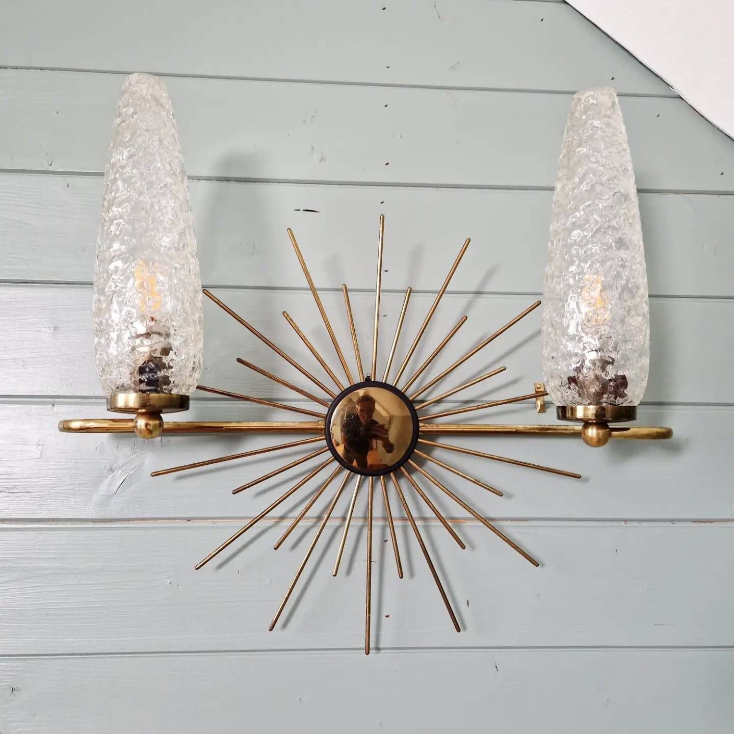 Wall lamp sun in brass and frosted glass (3 available), 1950