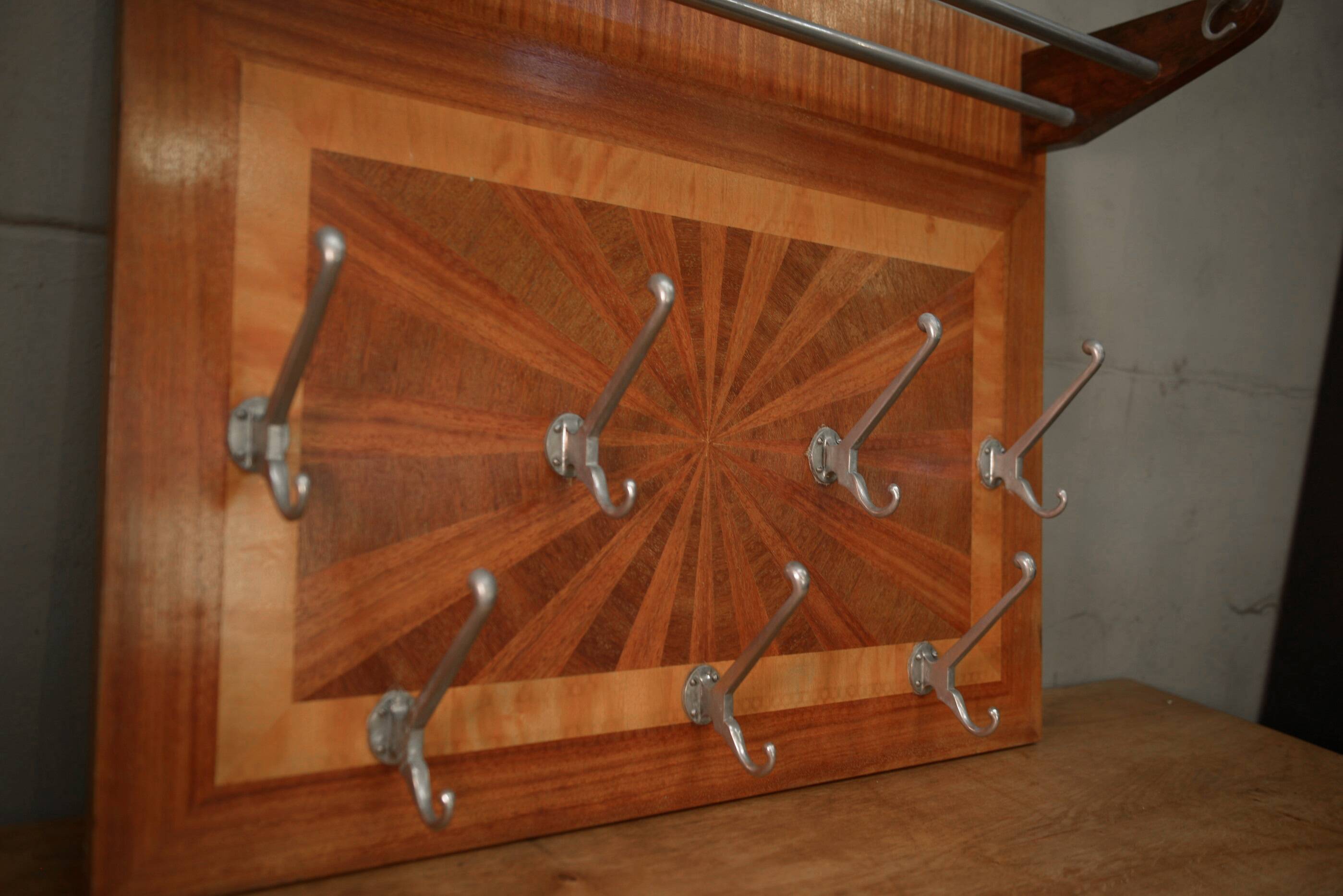 Art Deco marquetry and aluminum wall coat rack