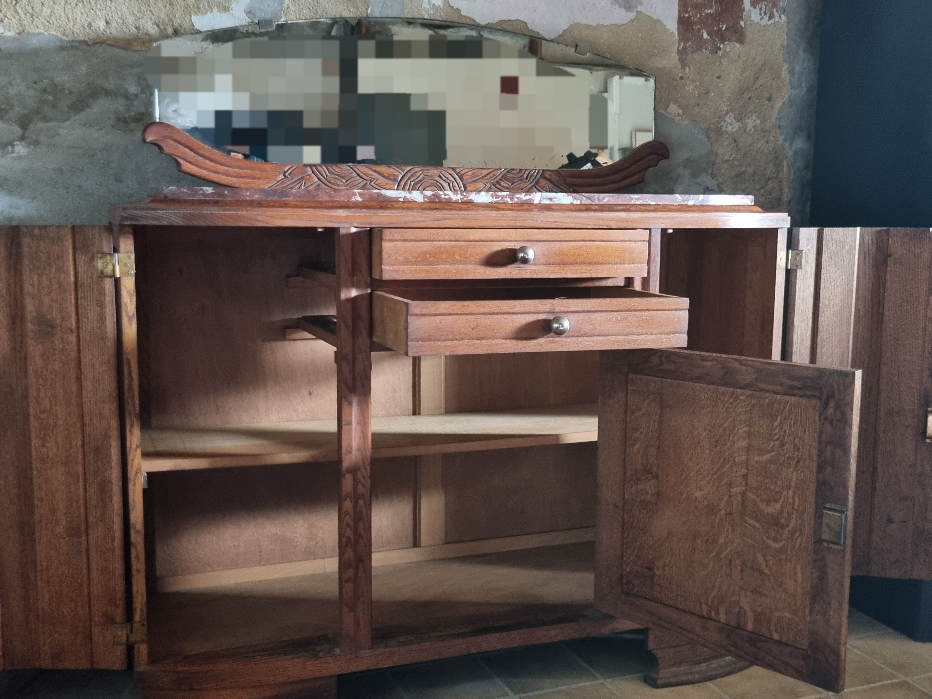 Old low art deco style sideboard, with marble and mirror