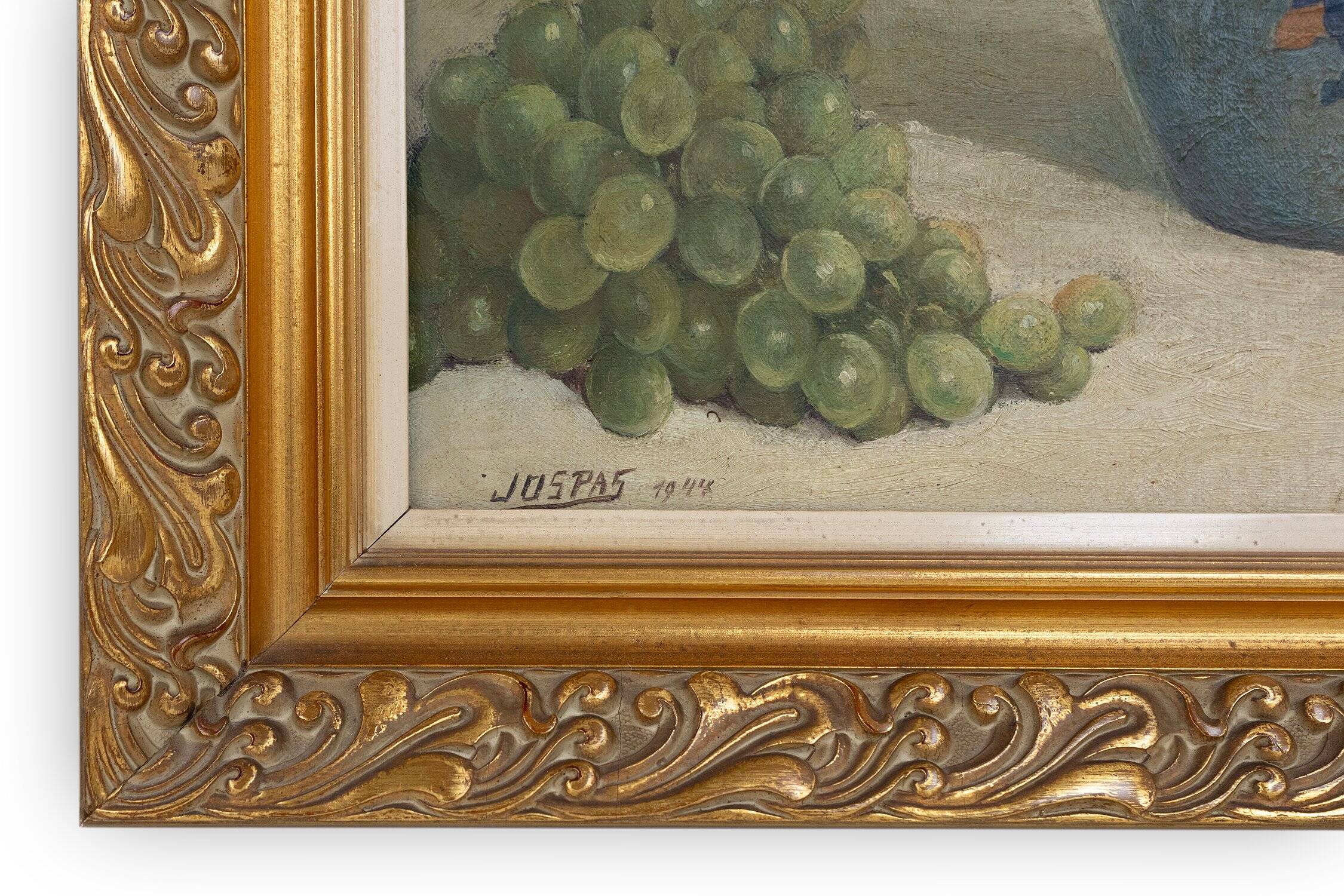 Belgian Still Life Painting by Jos Pas, 1944 — Flowers and Grapes in a Vase