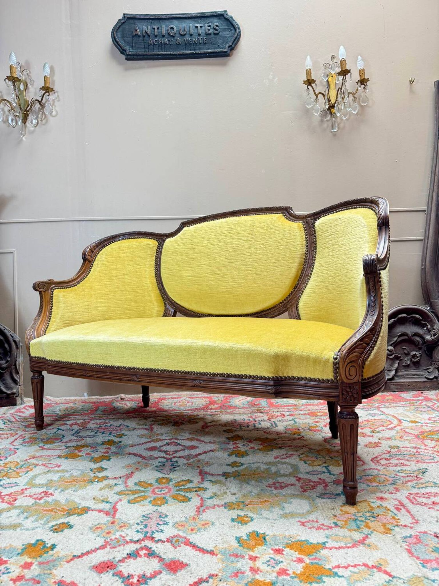 Banquette, natural wood canapé in louis xvi style, 19th century