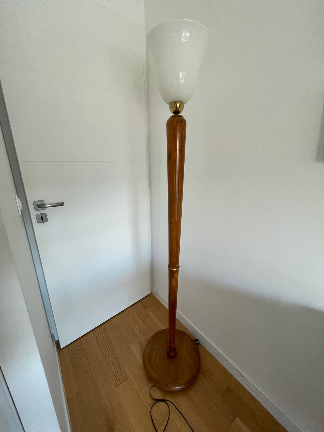 Antique wooden floor lamp with opaline glass shade