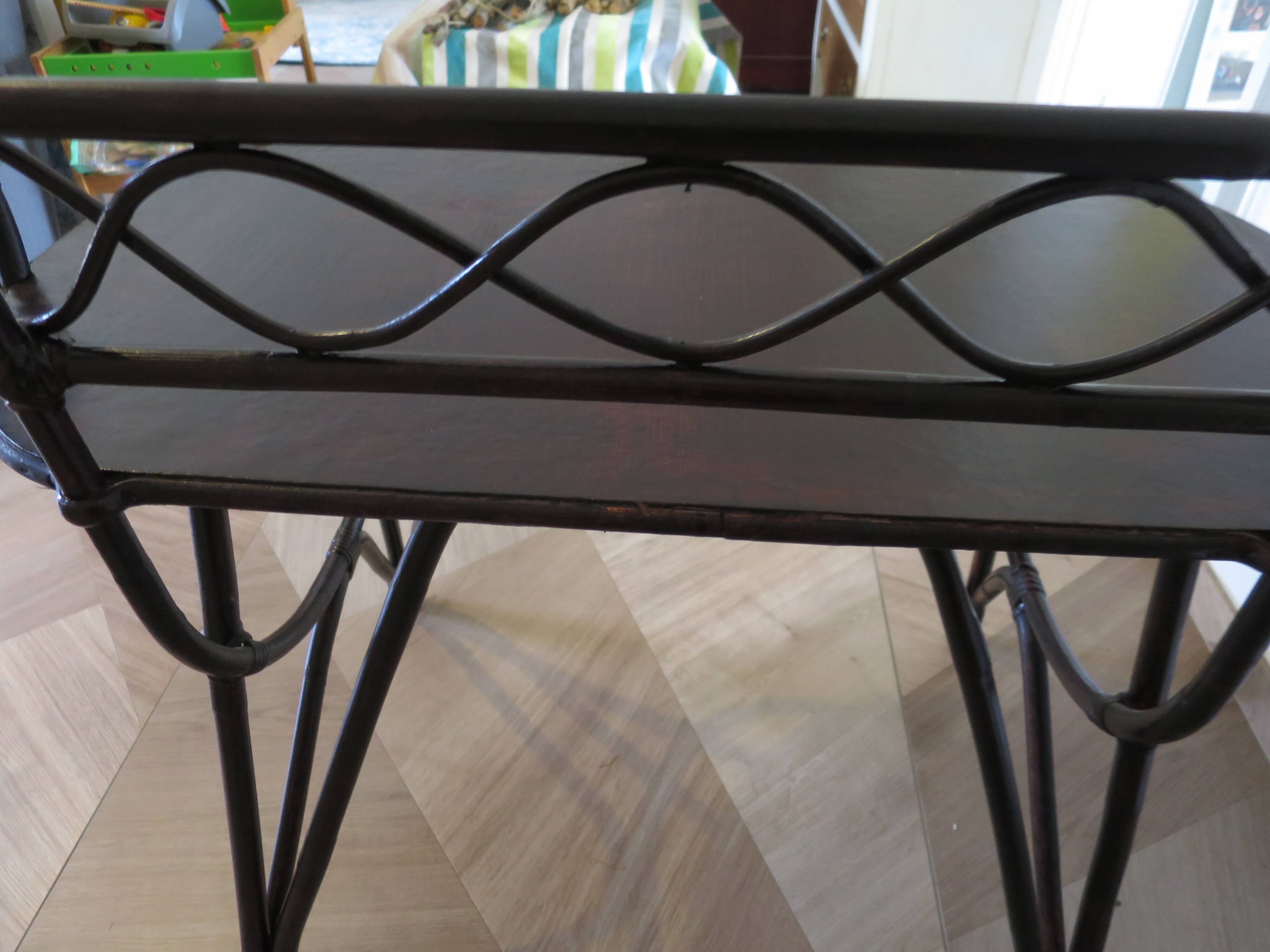 Vintage children's desk console bamboo rattan curved wood Thonet style 80s dark mahogany