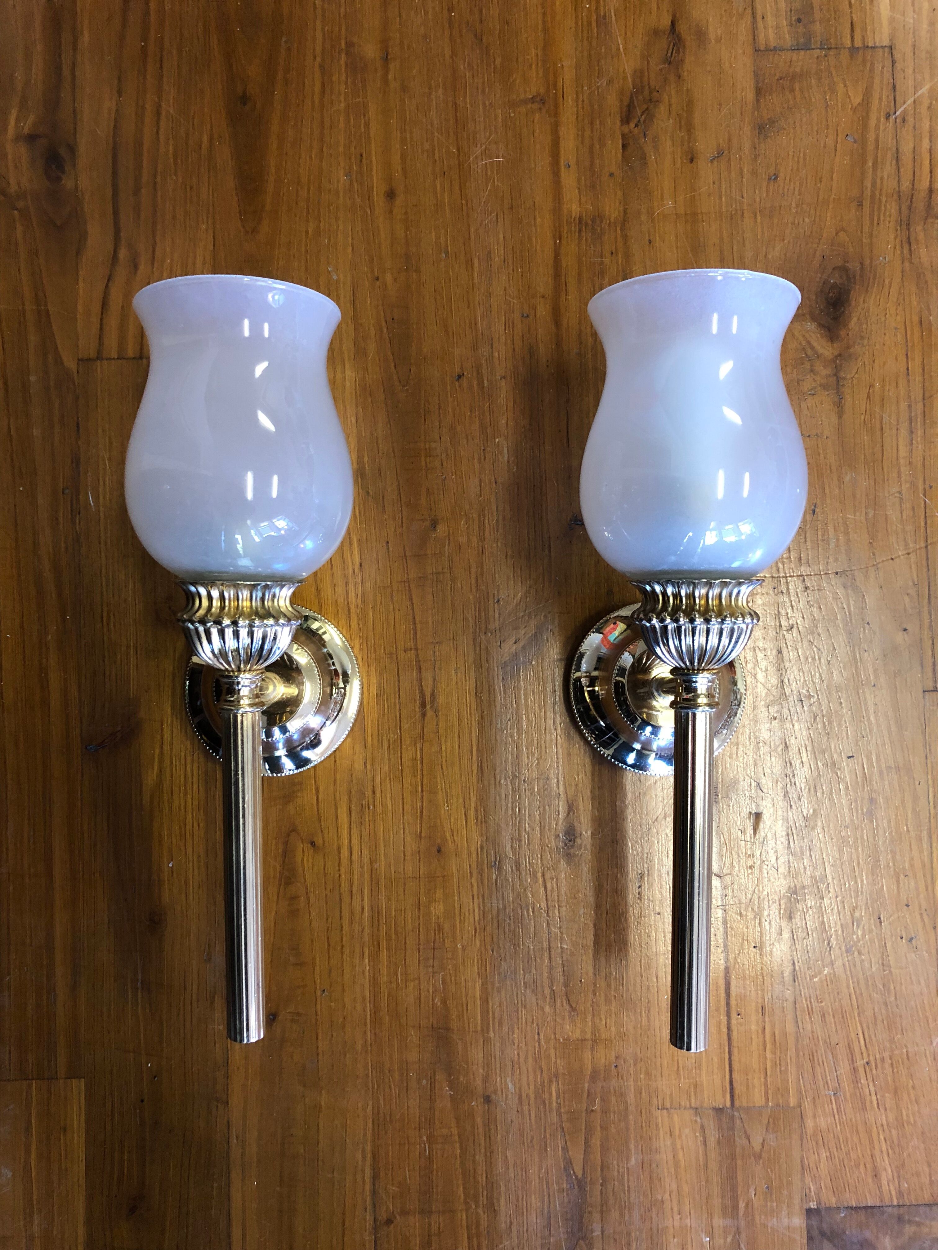 Pair of brass and opaline wall lamps