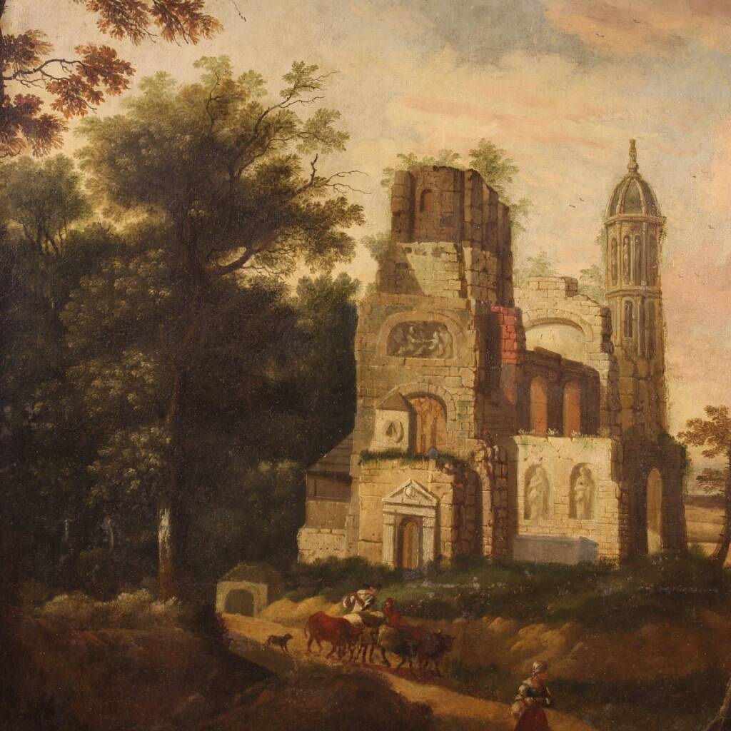 Antique French Oil On Canvas Landscape Painting From The 18th Century
