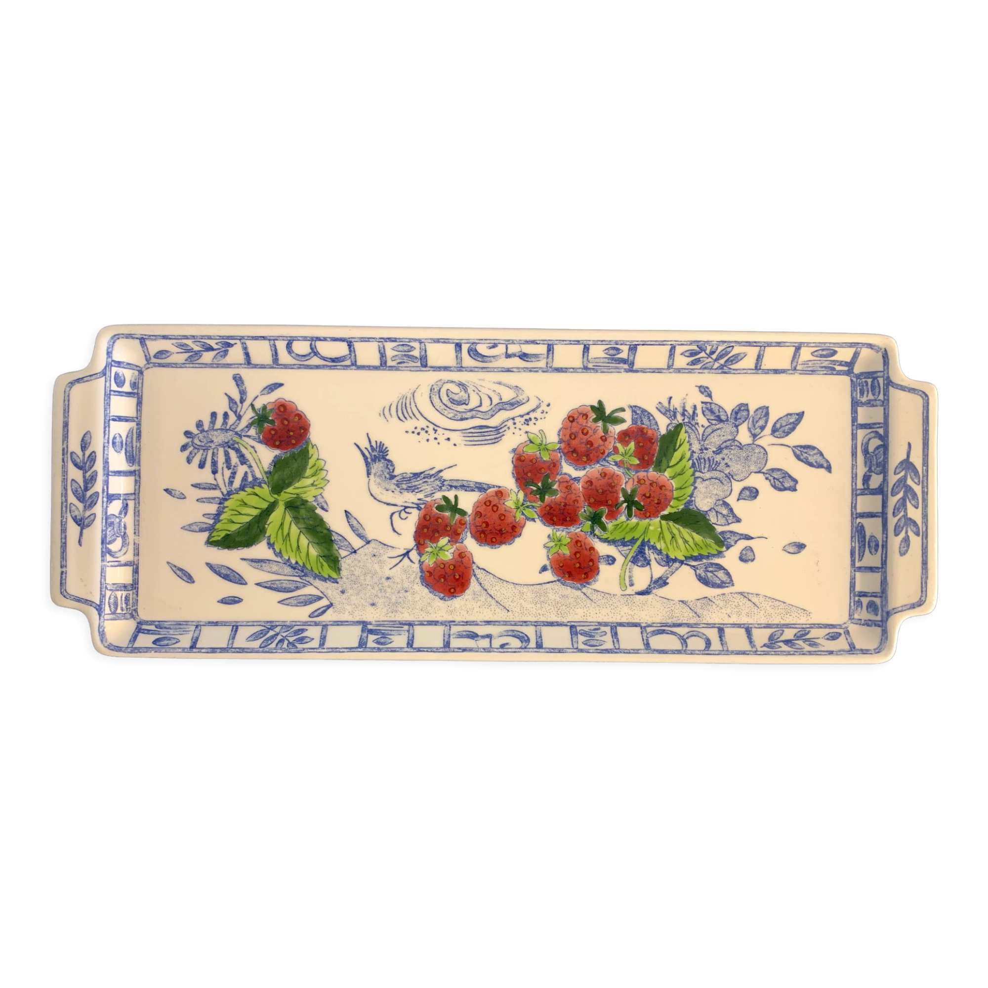 Gien cake dish, blue bird and fruit, design Isabelle de Borchgrave