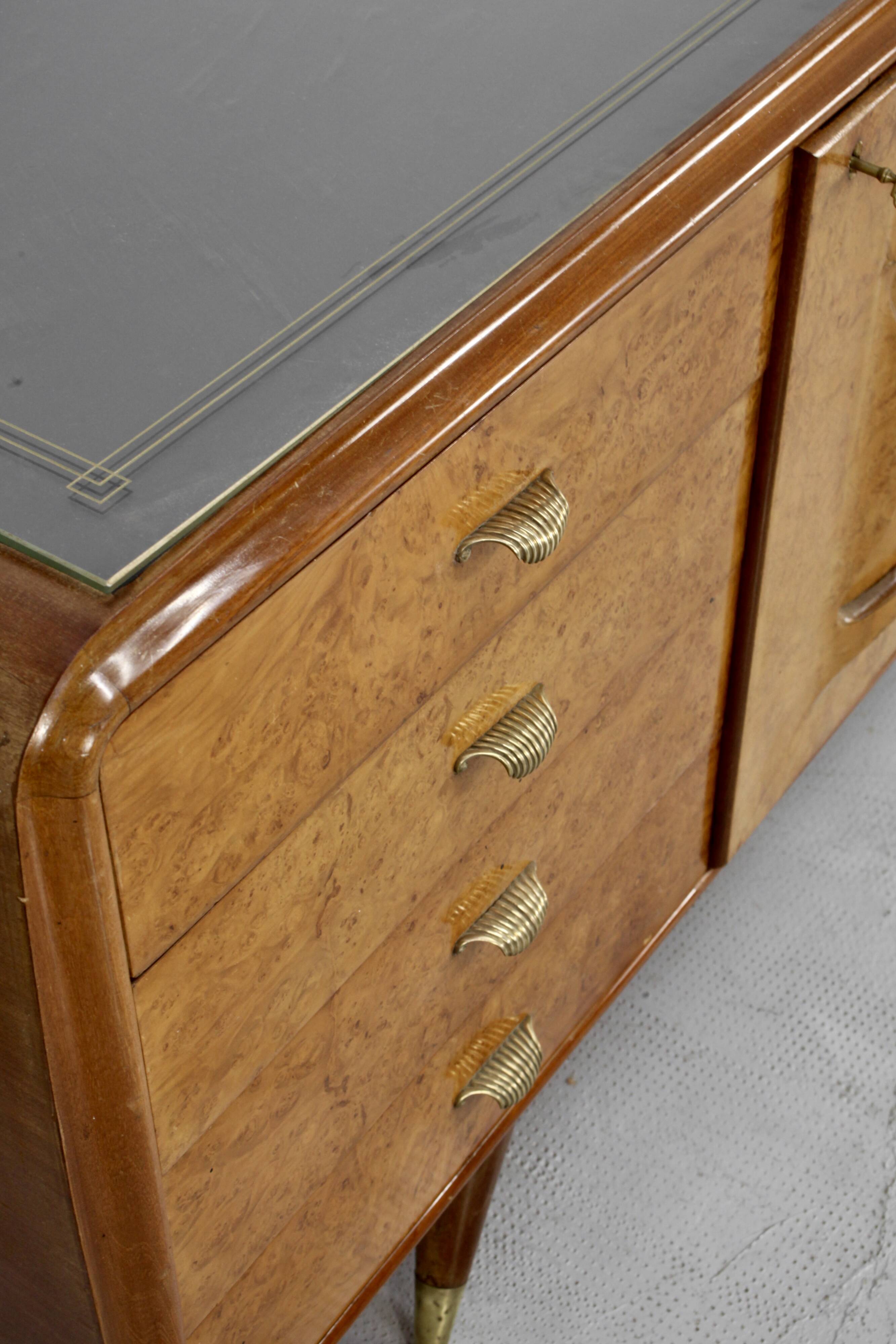 Italian Art Deco Sideboard In Walnut Burl And Brass.