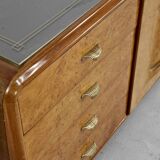 Italian Art Deco Sideboard In Walnut Burl And Brass.