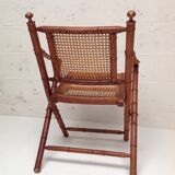 Bamboo folding chair and canning, leather and brass